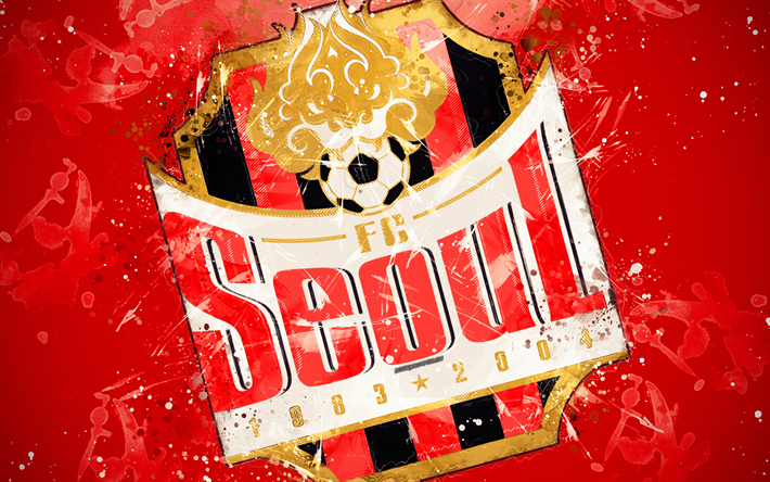 FC Seul, 4k, boya, sanat, logo, yaratıcı, G&#252;ney Kore futbol takımı, 1 K Ligi, amblemi, kırmızı arka plan, grunge tarzı, Seul, G&#252;ney Kore, futbol