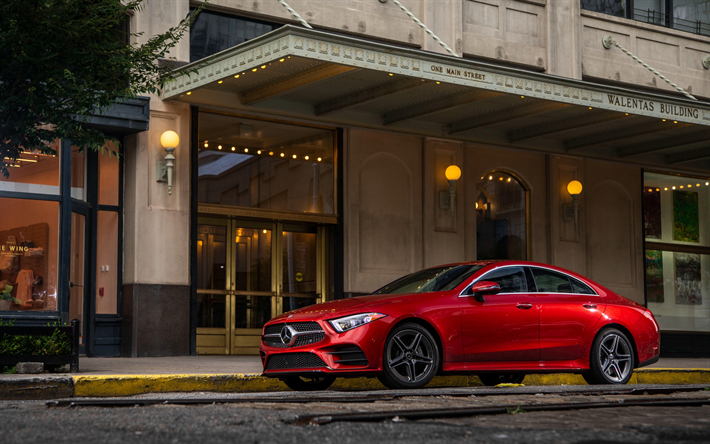 Mercedes-Benz CLS AMG, 2018, front view, red sports sedan, exterior, new red CLS, German cars, Mercedes