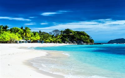 Malcapuya Adası, tropik ada, yaz, beyaz kum, plaj, palmiye ağa&#231;ları, Filipinler