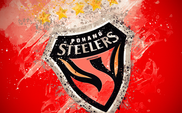 FC Pohang Steelers, 4k, pintura, arte, logotipo, creativo, corea del Sur equipo de f&#250;tbol, K de la Liga 1, el emblema, fondo rojo, estilo grunge, Pohang, Corea, f&#250;tbol