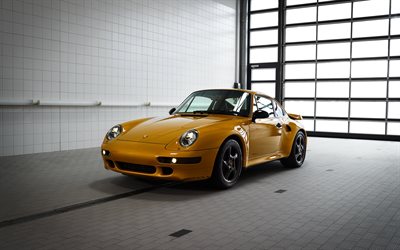 Porsche 993, 1998, 911 Turbo, gul retro sport bil, garage, sport coupe, Tyska sportbilar, Porsche