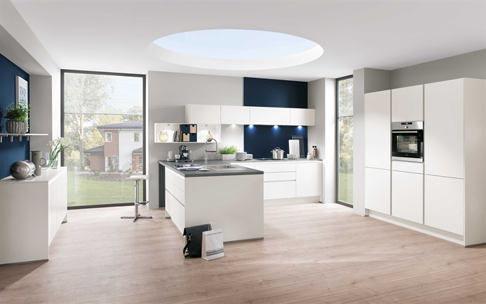 elegante cozinha branco, minimalismo, um design interior moderno, cozinha, m&#243;veis brancos