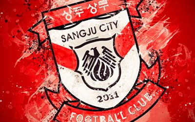 Sangju Sangmu FC, 4k, a arte de pintura, logo, criativo, Sul-coreano de time de futebol, K League 1, emblema, fundo vermelho, o estilo grunge, Sangju, Coreia Do Sul, futebol