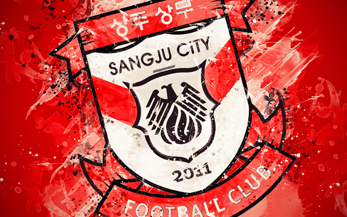 Sangju Sangmu FC, 4k, pintura, arte, logotipo, creativo, corea del Sur equipo de f&#250;tbol, K de la Liga 1, el emblema, fondo rojo, estilo grunge, Sangju, Corea del Sur, el f&#250;tbol
