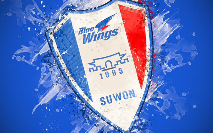 Suwon Samsung Bluewings FC, 4k, m&#229;la konst, logotyp, kreativa, Sydkoreanska fotboll, K League 1, emblem, bl&#229; bakgrund, grunge stil, Suwon, Sydkorea, fotboll