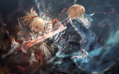 Saber of Red, battle, Fate Apocrypha, art, Mordred, manga, Fate Grand Order, TYPE-MOON