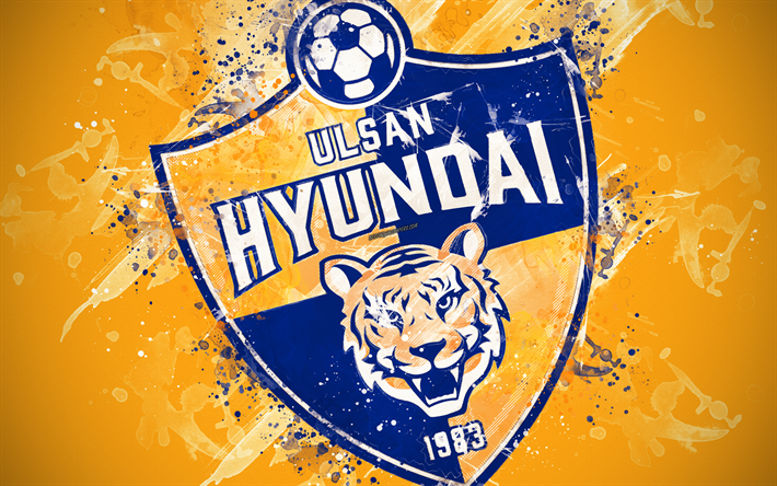 Ulsan Hyundai FC, 4k, m&#229;la konst, logotyp, kreativa, Sydkoreanska fotboll, K League 1, emblem, gul bakgrund, grunge stil, Ulsan, Sydkorea, fotboll