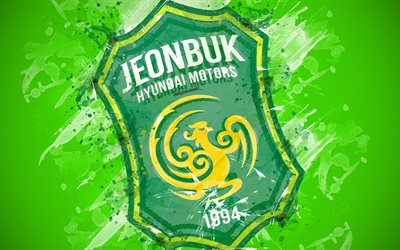 Jeonbuk Hyundai Motors FC, 4k, arte pittura, logo, creativo, corea del Sud squadra di calcio, K League 1, emblema, verde, sfondo, grunge, stile, Jeonju, Corea del Sud, calcio