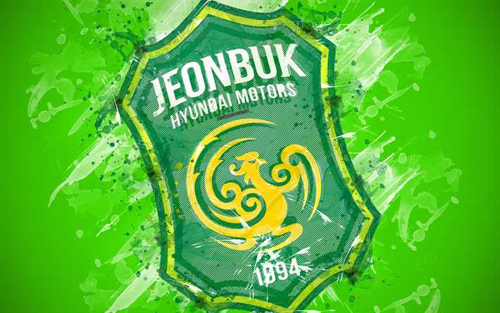 Jeonbuk Hyundai Motors FC, 4k, paint art, logo, creative, South Korean football team, K League 1, emblem, green background, grunge style, Jeonju, South Korea, football