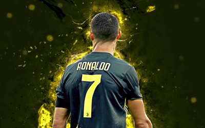4k, Cristiano Ronaldo, vista posteriore nero uniforme, Juventus, calcio, stelle, luci al neon di Serie A, Ronaldo, CR7, calciatori, calciatore portoghese, di CR7, la Juve, il calcio, Juventus FC, creative