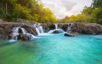 vattenfall, regnskogen, Thailand, river, djungel, kv&#228;ll, sunset