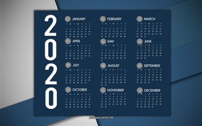 2020 takvim, her ay, mavi 2020 takvim, yaratıcı sanat, 2020, mavi soyut arka plan, 2020 yılına kavramlar
