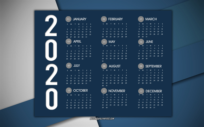 2020 calendario, todos los meses, azul 2020 calendario, arte creativo, 2020, azul, abstracto, antecedentes, conceptos 2020 a&#241;o