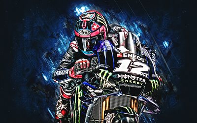 Maverick Vinales, MotoGP, İspanyol motosiklet yarış&#231;ısı, Monster Energy Yamaha MotoGP, Yamaha YZR-M1, yaratıcı sanat, mavi taş arka plan