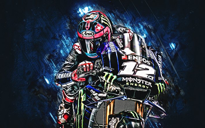 Maverick Vi&#241;ales, MotoGP, el espa&#241;ol de moto racer, Monster Energy Yamaha de MotoGP, Yamaha YZR-M1, arte creativo, la piedra azul de fondo