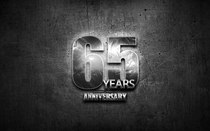 65 Years Anniversary, silver signs, creative, anniversary concepts, 65th anniversary, gray metal background, Silver 65th anniversary sign