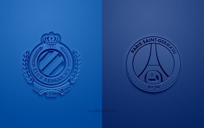 Club Brugge vs PSG, Ligue des Champions, 2019, promo, match de football, le Groupe A de l&#39;UEFA, l&#39;Europe, le Club de Bruges, le PSG, art 3d, logo 3d, le Paris Saint-Germain