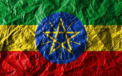 Ethiopian flag, 4k, crumpled paper, African countries, creative, Flag of Ethiopia, national symbols, Africa, Ethiopia 3D flag, Ethiopia