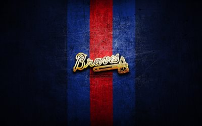 Los Bravos de Atlanta, de oro logotipo, MLB, azul metal de fondo, american equipo de b&#233;isbol de la Liga Mayor de B&#233;isbol, los Bravos de Atlanta logotipo, b&#233;isbol, estados UNIDOS