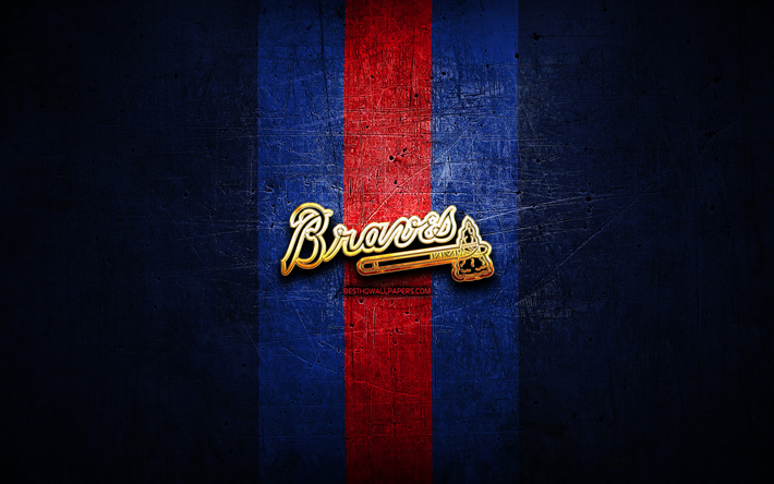 Atlanta Braves, kultainen logo, MLB, sininen metalli tausta, amerikkalainen baseball-joukkue, Major League Baseball, Atlanta Braves-logo, baseball, USA