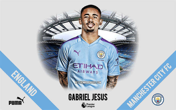 Gabriel Jesus, Manchester City FC, portrait, Brazilian footballer, striker, Premier League, England, Manchester City footballers 2020, football, Etihad Stadium
