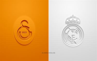 Galatasaray vs Real Madrid, Mestarien Liigan, 2019, promo, jalkapallo-ottelu, Ryhm&#228; A, UEFA, Euroopassa, Galatasaray, Real Madrid, 3d art, 3d logo