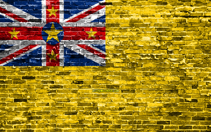 4k, Niue bandeira, tijolos de textura, Oceania, s&#237;mbolos nacionais, Bandeira de Niue, brickwall, Niue 3D bandeira, Oceania pa&#237;ses, Niue