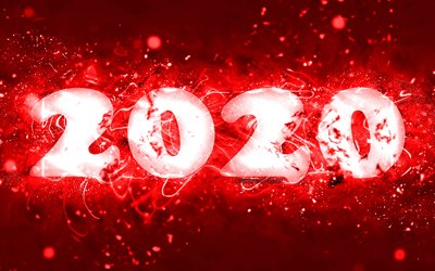 Happy New Year 2020, 4k, red neon lights, abstract art, 2020 concepts, 2020 red neon digits, 2020 on red background, 2020 neon art, creative, 2020 year digits