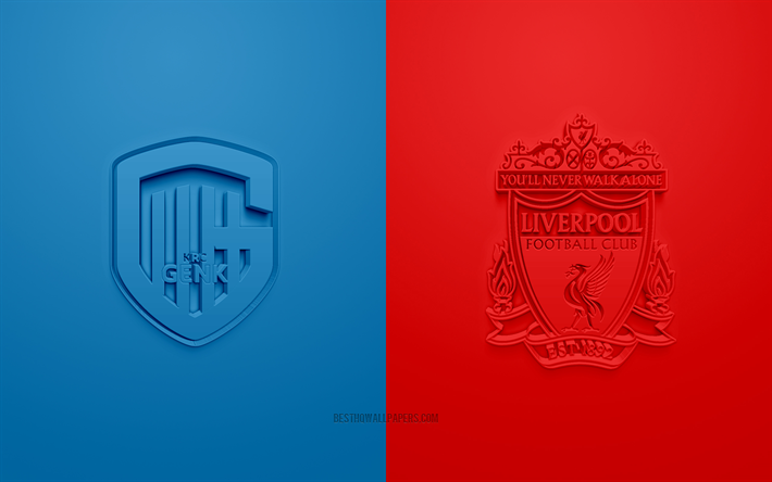 Genk vs Liverpool FC, de la Liga de Campeones, 2019, promo, partido de f&#250;tbol, Grupo E de la UEFA, Europa, KRC Genk, el Liverpool FC, arte 3d, 3d logo