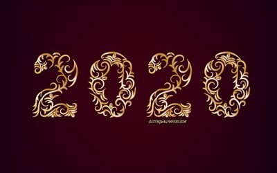 2020 year concepts, 2020 golden floral background, 2020 gold ornament, burgundy background, 2020, Happy New Year, 2020 concepts