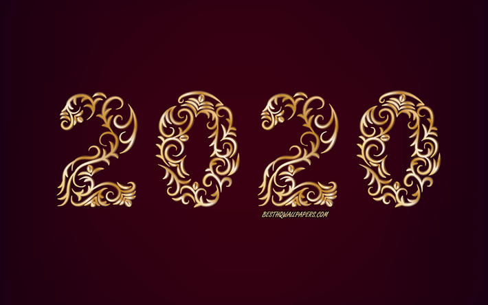 2020 ano de conceitos, 2020 ouro floral de fundo, 2020 ornamentos de ouro, borgonha fundo, 2020, Feliz Ano Novo, 2020 conceitos