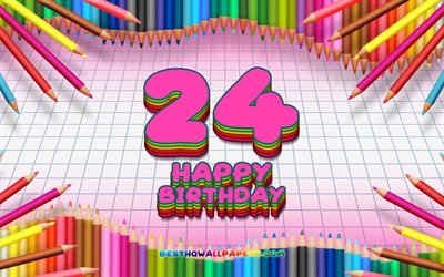 4k, 嬉しい24歳, 色鉛筆をフレーム, 誕生パーティー, 紫色の市松模様の背景, 嬉しい24歳の誕生日, 創造, 24歳, 誕生日プ, 24日に誕生パーティー
