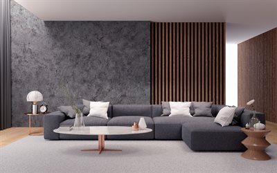 salle de séjour, style loft, gris béton mur dans le salon, moderne, design d'intérieur, gris grand canapé, d'un élégant design d'intérieur