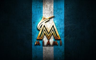 Miami Marlins, golden logo, MLB, blue metal background, american baseball team, Major League Baseball, Miami Marlins logo, baseball, USA