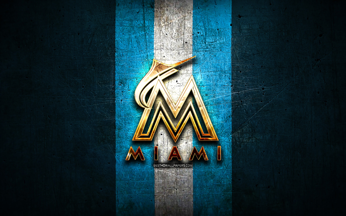 Miami Marlins, golden logo, MLB, blue metal background, american baseball team, Major League Baseball, Miami Marlins logo, baseball, USA
