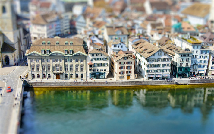 Zurich, tilt-shift, swiss cities, old buildings, street, Switzerland, Europe