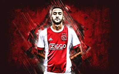 Hakim Ziyech, Ajax Amsterdam, Dutch soccer player, midfielder, AFC Ajax, red stone background, football, creative art
