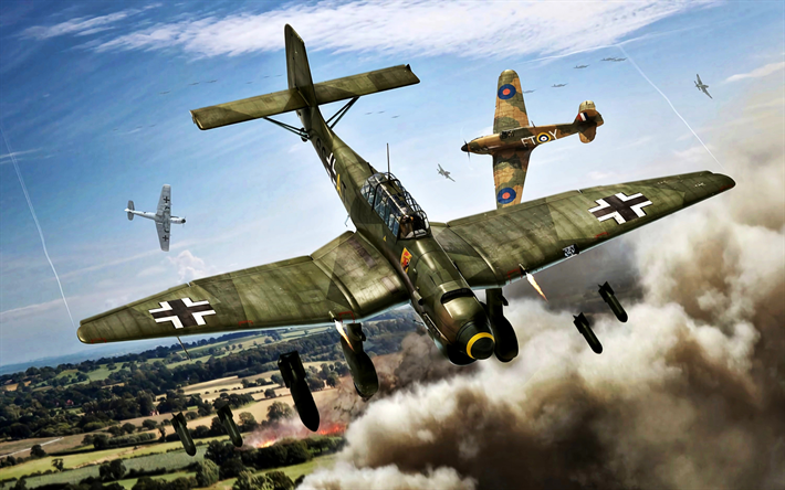Junkers Ju 87, World War II, german bomber, Ju 87B-1 Stuka, Hawker Hurricane, british fighter, Military aircraft