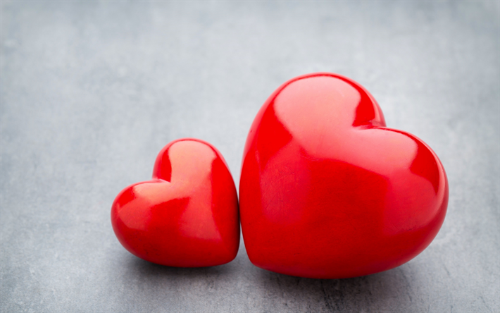 Dos corazones rojos, grandes y peque&#241;os corazones, fondo con corazones rojos, romance conceptos