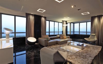 stylish interior design, living room, black marble floor, black wood panels on the walls, modern interior design
