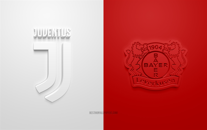 Juventus vs Bayer Leverkusen, Champions League, 2019, promo, football match, Group D, UEFA, Europe, Bayer 04 Leverkusen, Juventus FC, 3d art, 3d logo