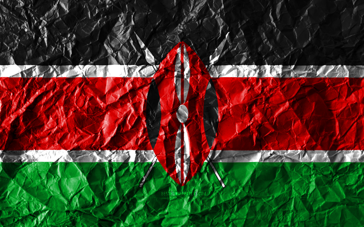Kenyas flagga, 4k, skrynkliga papper, Afrikanska l&#228;nder, kreativa, Flaggan i Kenya, nationella symboler, Afrika, Kenya 3D-flagga, Kenya