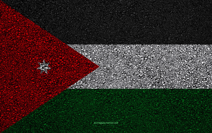 Flag of Jordan, asphalt texture, flag on asphalt, Jordan flag, Asia, Jordan, flags of Asia countries
