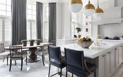 interni eleganti, una cucina in stile classico, in legno bianco mobili per cucina, arredamento di design