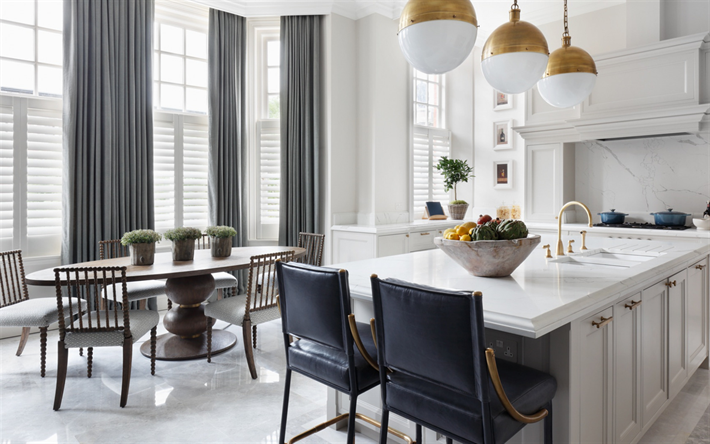 stylish interior, kitchen, classic style, white wooden kitchen furniture, modern interior design