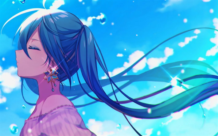 Hatsune Miku, blue sky, Vocaloid, girl with blue hair, Miku Hatsune, Vocaloid Characters, manga