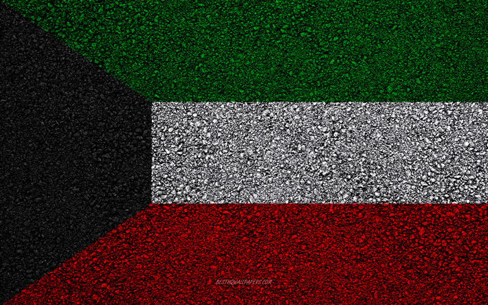 flagge von kuwait, asphalt textur, die flagge auf asphalt, kuwait flagge, asien, kuwait, flaggen von asien l&#228;ndern