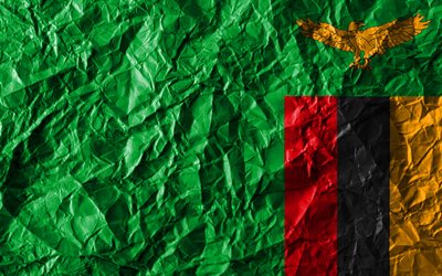 Zambiya, ulusal semboller, Afrika, Zambiya 3D bayrağı, Zambiya Zambiya bayrağı, 4k, buruşuk kağıt, Afrika &#252;lkeleri, yaratıcı, Bayrak