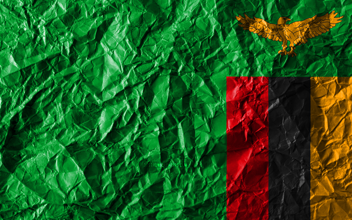 Kwacha bandeira, 4k, papel amassado, Pa&#237;ses da &#225;frica, criativo, Bandeira da Z&#226;mbia, s&#237;mbolos nacionais, &#193;frica, Z&#226;mbia 3D bandeira, Z&#226;mbia