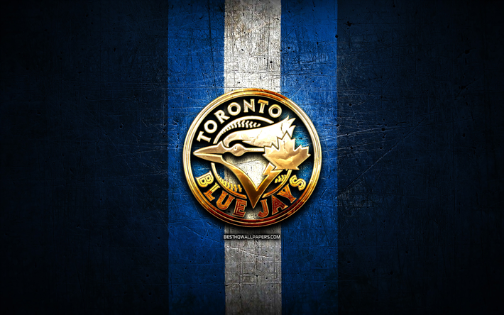Toronto Blue Jays, golden logo, MLB, blue metal background, american baseball team, Major League Baseball, Toronto Blue Jays logo, baseball, USA